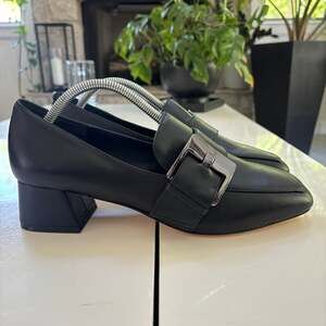 Deltan Veronica Black Leather Square Toe Buckle Block Heel Pumps Size 11
